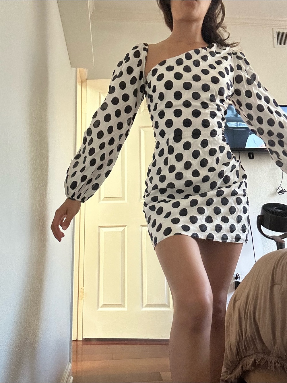 Lovers + Friends White Mini Dress with Black Polka Dots